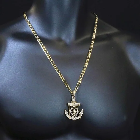 Hip Hop 14K Gold Pt Jesus Anchor Pendant Fully Iced 30 Italy Figaro Chain